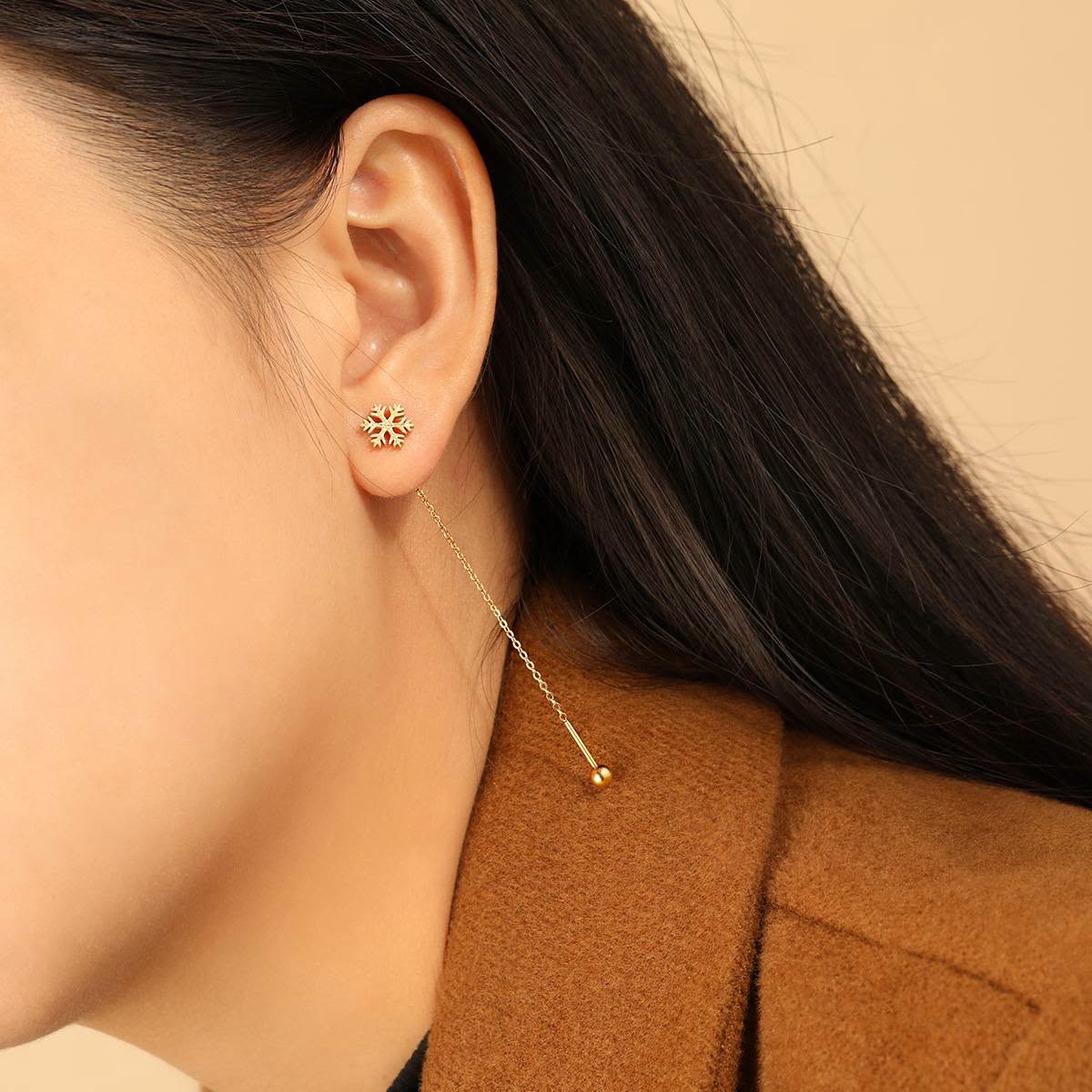 18K Gold Plated Snowflake Long Tassel Earrings - Thumbnail