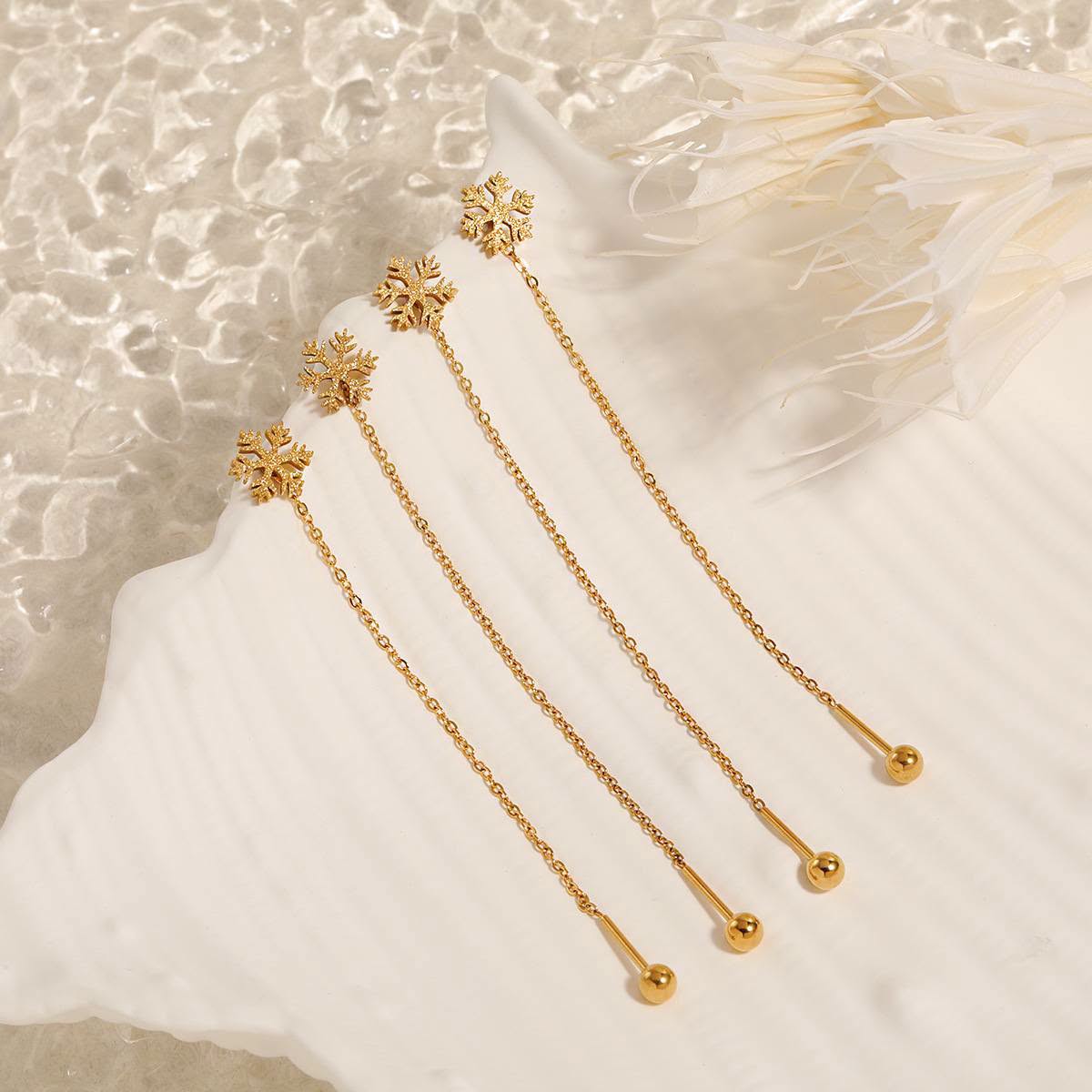 18K Gold Plated Snowflake Long Tassel Earrings - Thumbnail